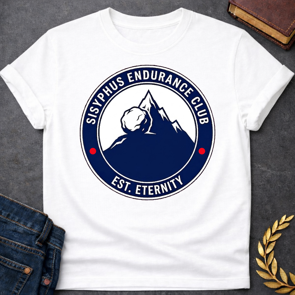 White T-Shirt with a circular, emblem-style graphic design. The center features a dark blue silhouette of a mountain with a large boulder resting near the peak. Surrounding this illustration is a dark blue ring with white text that reads "SISYPHUS ENDURANCE CLUB" arched at the top and "EST. ETERNITY" at the bottom, with two small red dots separating the text on the sides.