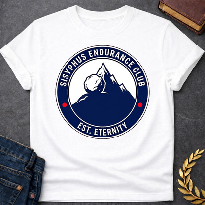 White T-Shirt with a circular, emblem-style graphic design. The center features a dark blue silhouette of a mountain with a large boulder resting near the peak. Surrounding this illustration is a dark blue ring with white text that reads "SISYPHUS ENDURANCE CLUB" arched at the top and "EST. ETERNITY" at the bottom, with two small red dots separating the text on the sides.