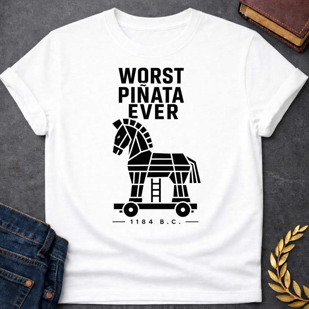 White T-shirt with a graphic in black featuring bold condensed sans-serif text reading "Worst Piñata Ever" above a detailed flat geometric black silhouette illustration of the Trojan Horse on a wheeled platform with a visible ladder underneath, with a small datestamp below reading "— 1184 B.C. —" — a humorous reference to the Greek legend of the Trojan War
