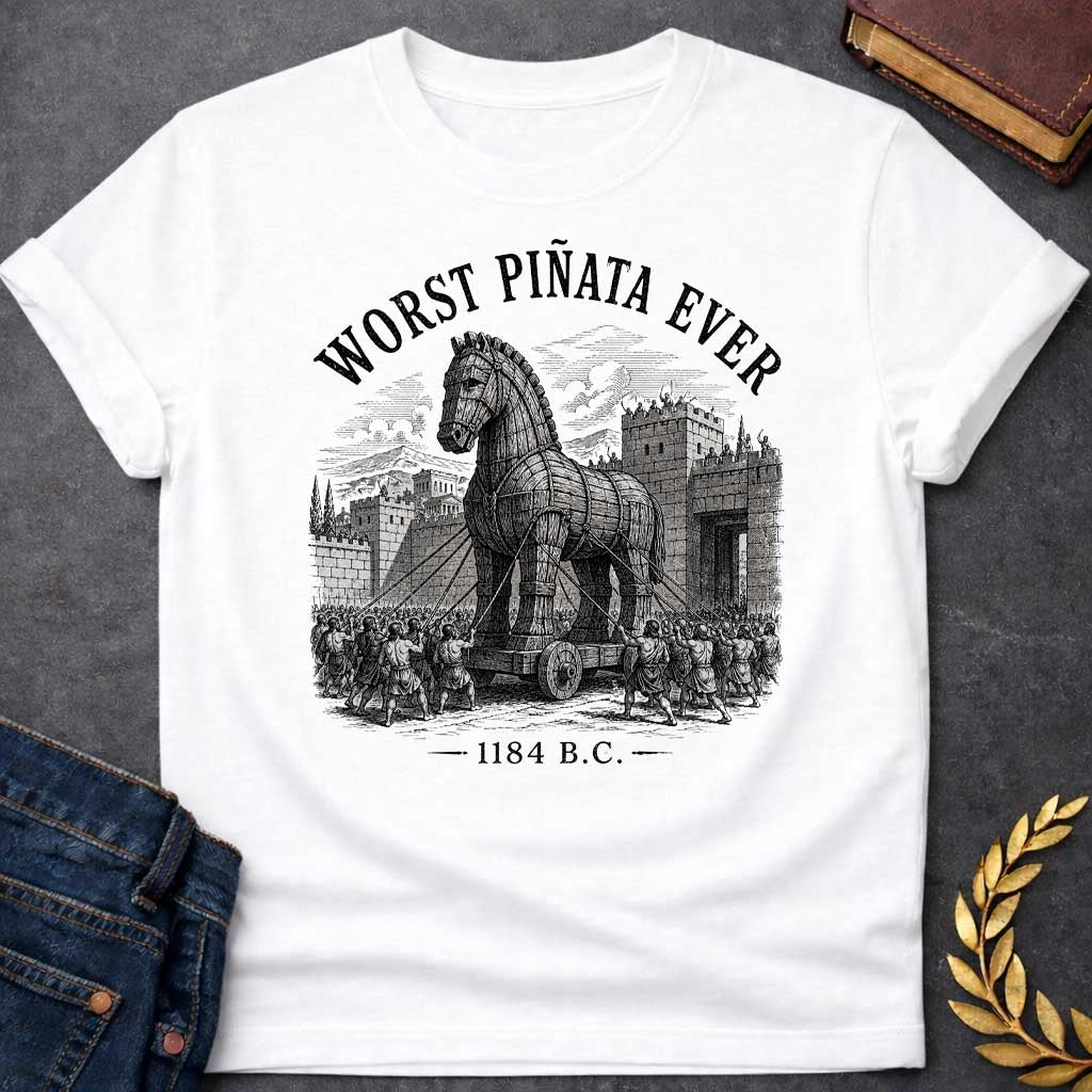 White T-Shirt with a detailed, woodcut-style graphic design. The central illustration depicts the wooden Trojan Horse being pulled on a wheeled platform by many figures using ropes toward the stone gates of a walled city. Arched over the top of the scene in a distressed, black serif font is the text "WORST PIÑATA EVER." At the bottom of the design, the year "1184 B.C." is printed between two horizontal decorative dashes