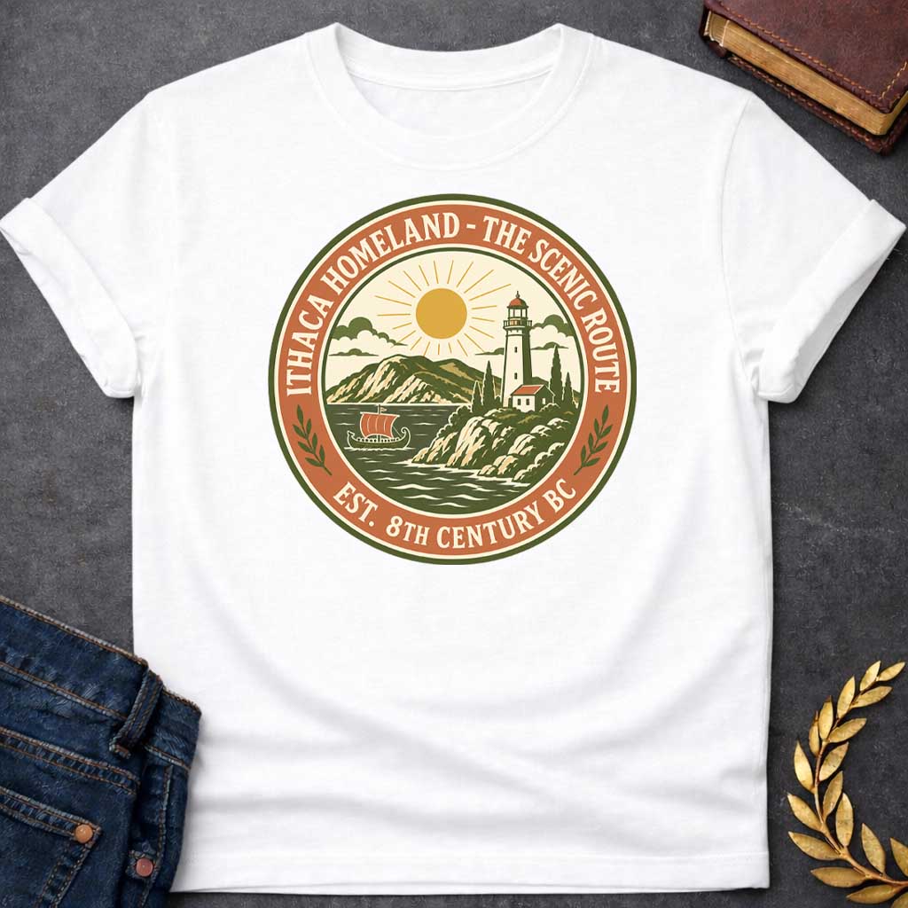 White T-Shirt with a Circular badge design for Ithaca Homeland - The Scenic Route, established 8th Century BC. The vintage-style emblem features a coastal Mediterranean landscape with a lighthouse, small white building with red roof, cypress trees, and rolling hills in the background. A golden sun with radiating rays shines above the scene, while stylized waves crash in the foreground. A traditional Greek ship with an orange sail floats on the water. The design uses an earthy color palette of olive green, t