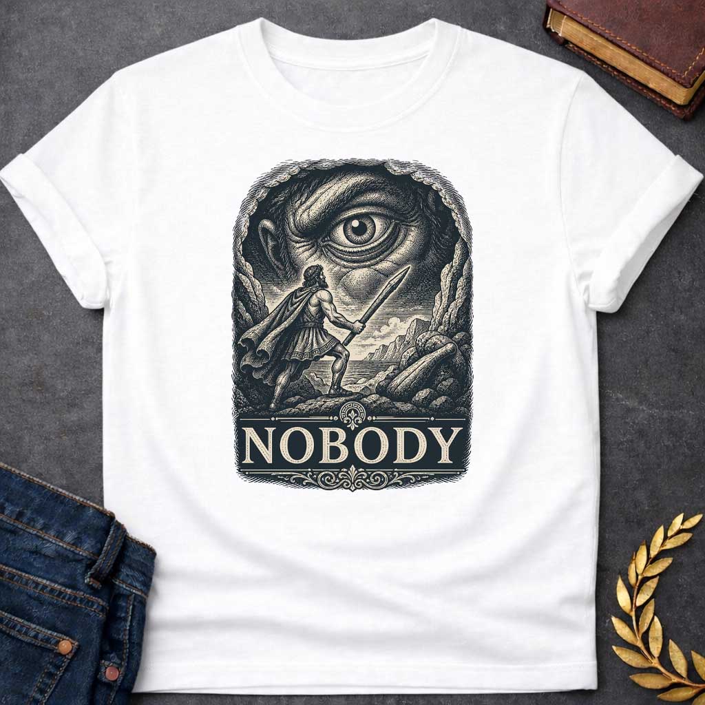 White T-Shirt with a Vintage engraving illustration of Odysseus confronting Polyphemus the Cyclops. A Greek warrior in armor wields a wooden stake, facing an enormous eye that dominates the composition. The scene is rendered in intricate crosshatching with cream and dark blue-black tones. At the bottom, ornate typography spells 'NOBODY' in classical serif letters, referencing Odysseus's famous trick of calling himself 'Nobody' to escape the Cyclops. 