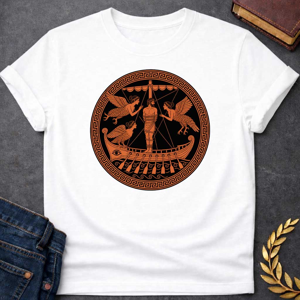 White T-Shirt with an Ancient Greek red-figure pottery design depicting Odysseus lashed to the mast of his ship as he encounters the Sirens. A bearded man is bound to the central mast, surrounded by three winged Sirens with women's heads and birds' bodies. The ship features an eye on the hull, oars, and decorative scrollwork. Rendered in terracotta orange against black, enclosed in a Greek key border. Represents the Homeric episode where Odysseus hears the Sirens' song without succumbing to their allure.