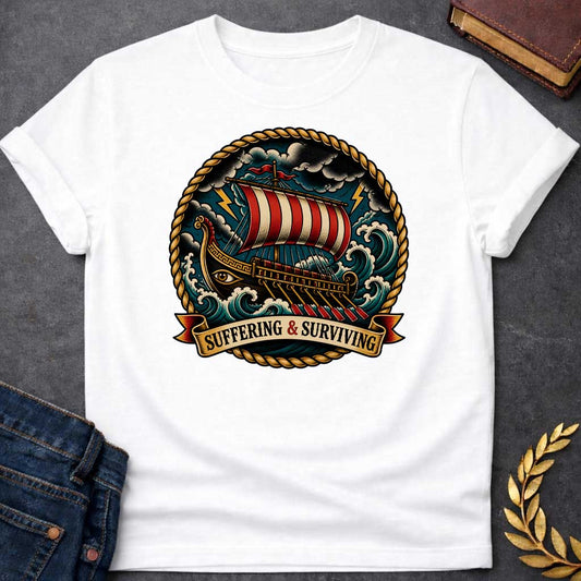 White T-Shirt with a traditional tattoo-style illustration of a Greek warship battling through a storm at sea, enclosed in a circular rope border. The vessel features an eye on its dark hull, red and cream striped sail, and multiple oars. The ship navigates turbulent teal waves under stormy skies with yellow lightning bolts. A ribbon banner reads 'SUFFERING & SURVIVING.' Rendered in bold vintage tattoo aesthetic with deep teals, reds, golds, and blacks, emphasizing perseverance through adversity.