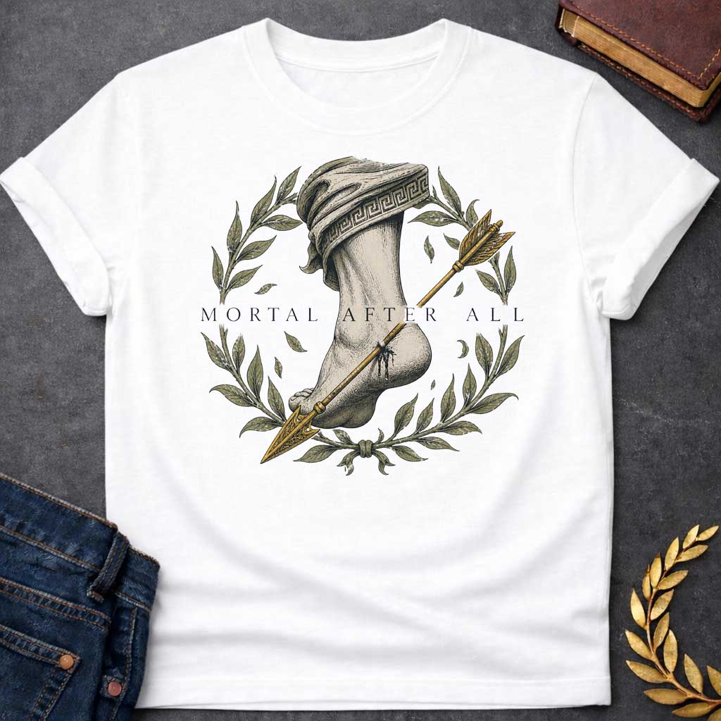 White T-Shirt with a classical engraving-style illustration depicting Achilles' fatal vulnerability. A muscular leg and foot rendered in detailed cross-hatching, draped in cloth with Greek key pattern. A golden arrow pierces the heel. Framed by a laurel wreath with olive-green leaves and falling leaves, symbolizing victory and mortality. Elegant serif text reads 'MORTAL AFTER ALL.' Muted tones of cream, grey, olive green, and gold create a somber quality reflecting Achilles' death by arrow to his only vulne