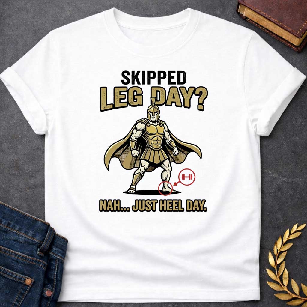 White T-Shirt with a humorous cartoon combining Greek mythology with gym culture. A muscular Greek warrior in heroic stance wears gold Corinthian helmet, armor with defined abs, pleated skirt, and cape. The warrior has an exaggerated upper body but the left heel is circled in red with an arrow pointing to a barbell icon. Text reads 'SKIPPED LEG DAY?' above and 'NAH... JUST HEEL DAY' below. Comedic mashup referencing Achilles' vulnerable heel and the modern fitness joke about skipping leg day.