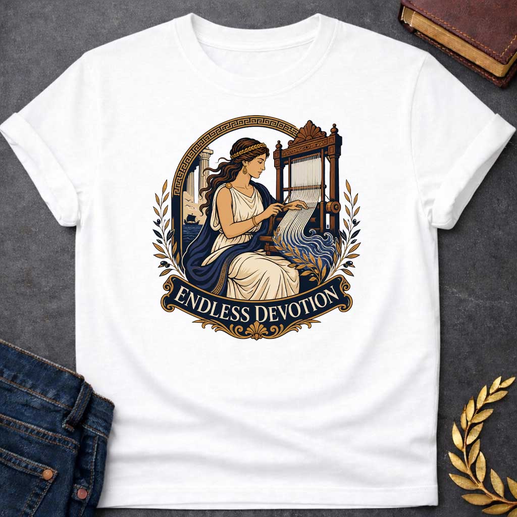 White T-Shirt with a classical illustration of Penelope from Greek mythology, seated at an ornate wooden loom, weaving. She wears a cream chiton with navy blue drape and a golden laurel crown, with long wavy brown hair. Behind her, a Greek temple column and ship at sea are visible. The scene is framed by a Greek key pattern arch and olive branches. An ornate banner below reads 'ENDLESS DEVOTION.' Rich colors of navy, cream, gold, and brown depict Penelope's faithful waiting for Odysseus' return.
