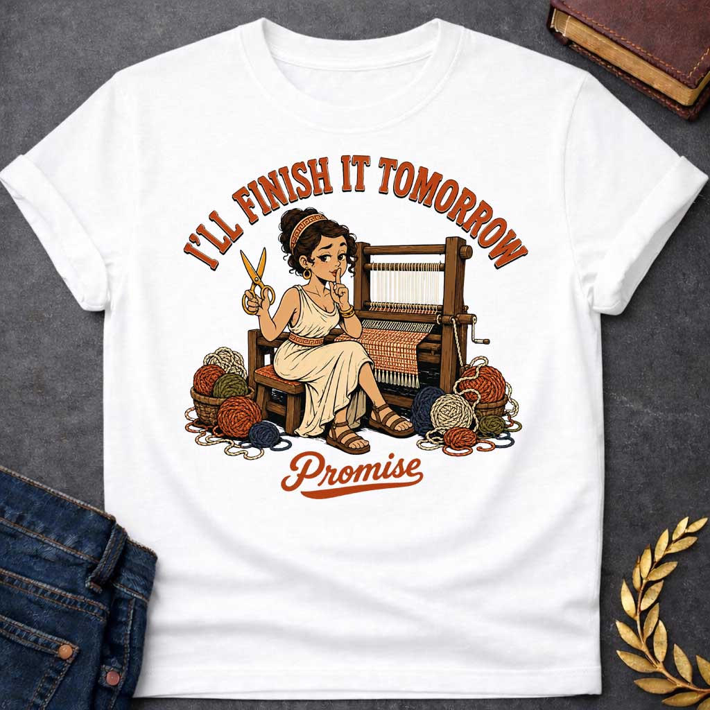 White T-Shirt with a humorous cartoon of Penelope at a wooden loom, holding scissors and making a 'shh' gesture. She wears a cream chiton with Greek key pattern belt, with curly brown hair. Baskets of colorful yarn surround her. Text reads 'I'LL FINISH IT TOMORROW' above and 'Promise' below. Comedic reference to Penelope's famous delaying tactic of weaving and unweaving her shroud to avoid suitors, reframed as modern procrastination humor.