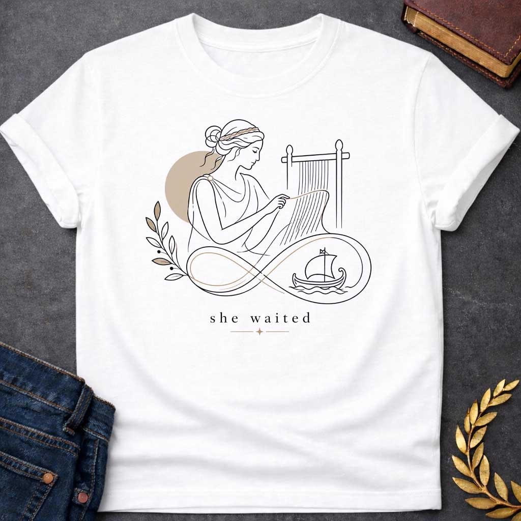 White T-Shirt with a Minimalist line art of Penelope weaving at a loom, wearing classical Greek robes with braided hair. Rendered in elegant black linework with tan accents. An infinity symbol flows from the loom, incorporating an olive branch and Greek ship, symbolizing endless waiting for Odysseus. Text reads 'she waited' in serif font with decorative star. Gentle design honoring Penelope's faithful devotion and patience during her husband's 20-year absence.