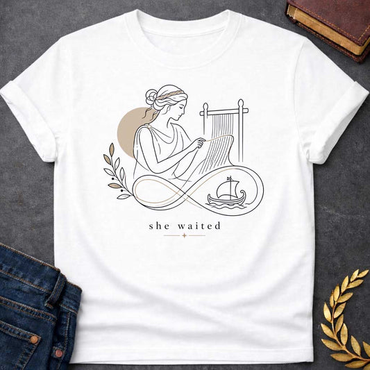White T-Shirt with a Minimalist line art of Penelope weaving at a loom, wearing classical Greek robes with braided hair. Rendered in elegant black linework with tan accents. An infinity symbol flows from the loom, incorporating an olive branch and Greek ship, symbolizing endless waiting for Odysseus. Text reads 'she waited' in serif font with decorative star. Gentle design honoring Penelope's faithful devotion and patience during her husband's 20-year absence.
