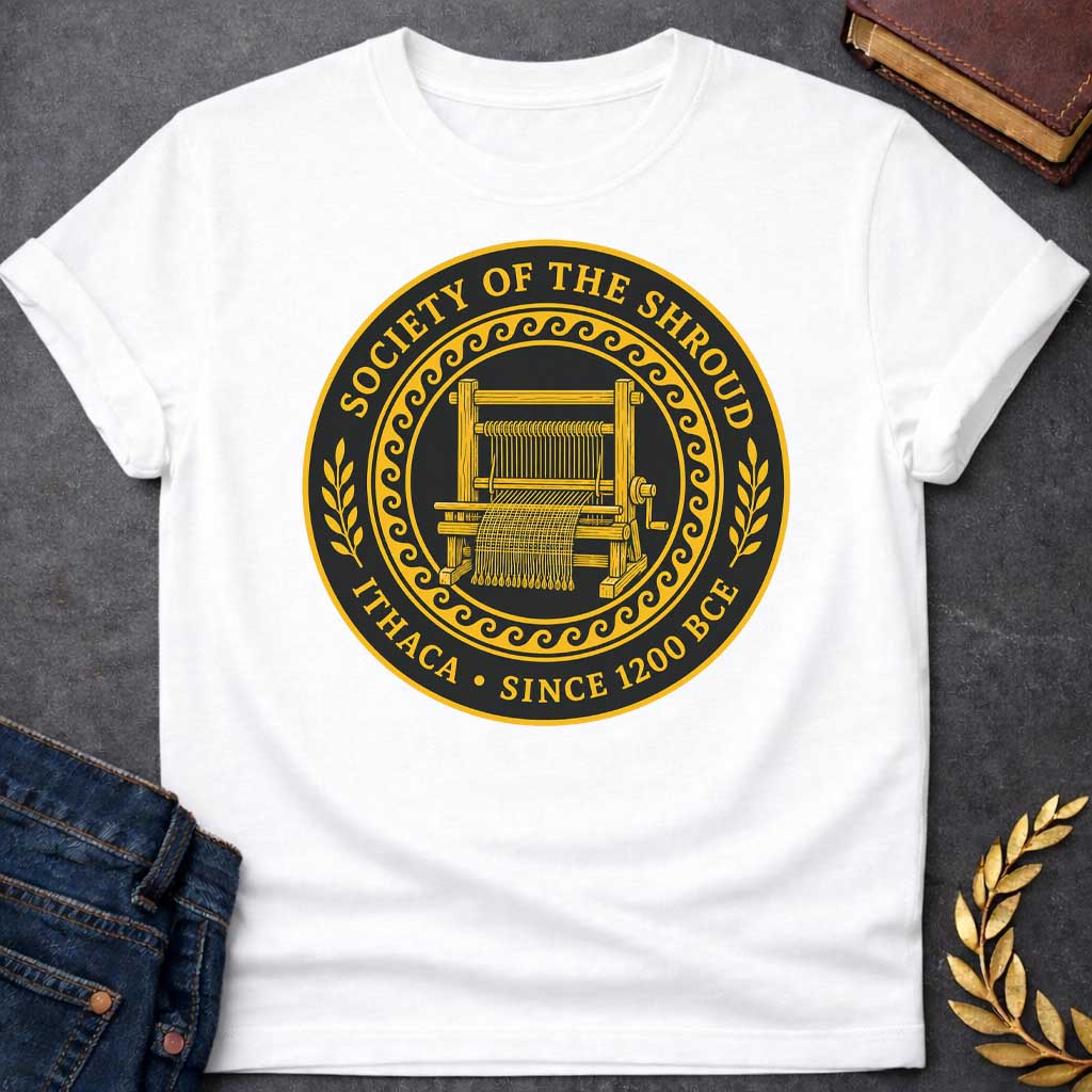 White T-Shirt with a circular emblem in gold and black featuring a detailed weaving loom at the center with partially woven fabric. Enclosed by a decorative wave pattern border. Text reads 'SOCIETY OF THE SHROUD' around the top arc, with 'ITHACA • SINCE 1200 BCE' along the bottom. Wheat sheaf motifs flank either side. References Penelope's famous shroud-weaving from Homer's Odyssey, styled as a formal organizational seal with classical Greek design elements.