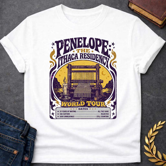 White T-Shirt with a vintage concert poster parody in purple and gold featuring Penelope's loom. Text reads 'PENELOPE: THE ITHACA RESIDENCY' and 'WORLD TOUR' in distressed lettering. Central image shows a wooden loom with candle against a golden circular backdrop with cypress trees. Humorous tour dates list: '20 YEARS OF WAITING - ALL THE SAME', '108 SUITORS - REJECTED', '1000 UNWEAVINGS - STILL COUNTING.' Art Nouveau-style design with decorative flourishes references Penelope's faithful waiting in The Odys