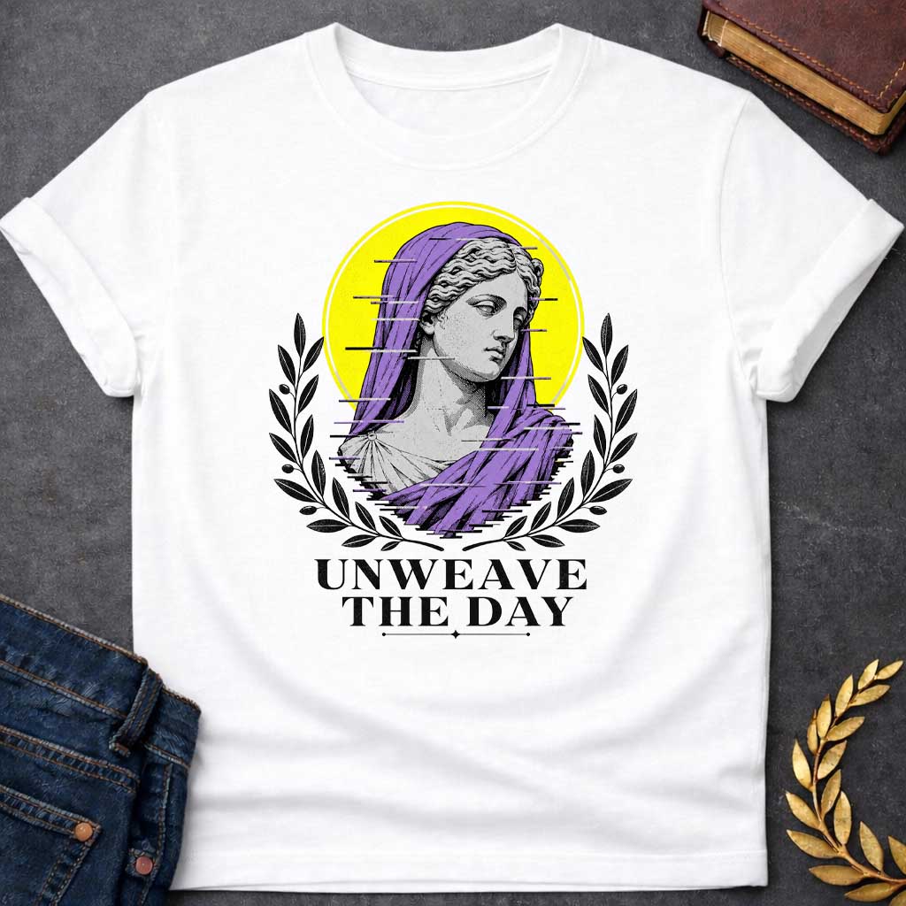 White T-Shirt with a Modern vaporwave-style design featuring a classical Greek statue bust with digital glitch effect. Gray engraved figure wears purple veil against bright yellow circular background. Horizontal black glitch lines disrupt the image. Flanked by black olive branch wreaths. Bold text reads 'UNWEAVE THE DAY' below. References Penelope's nightly unweaving from The Odyssey, reimagined with contemporary digital aesthetic combining ancient Greek art with modern glitch art style.