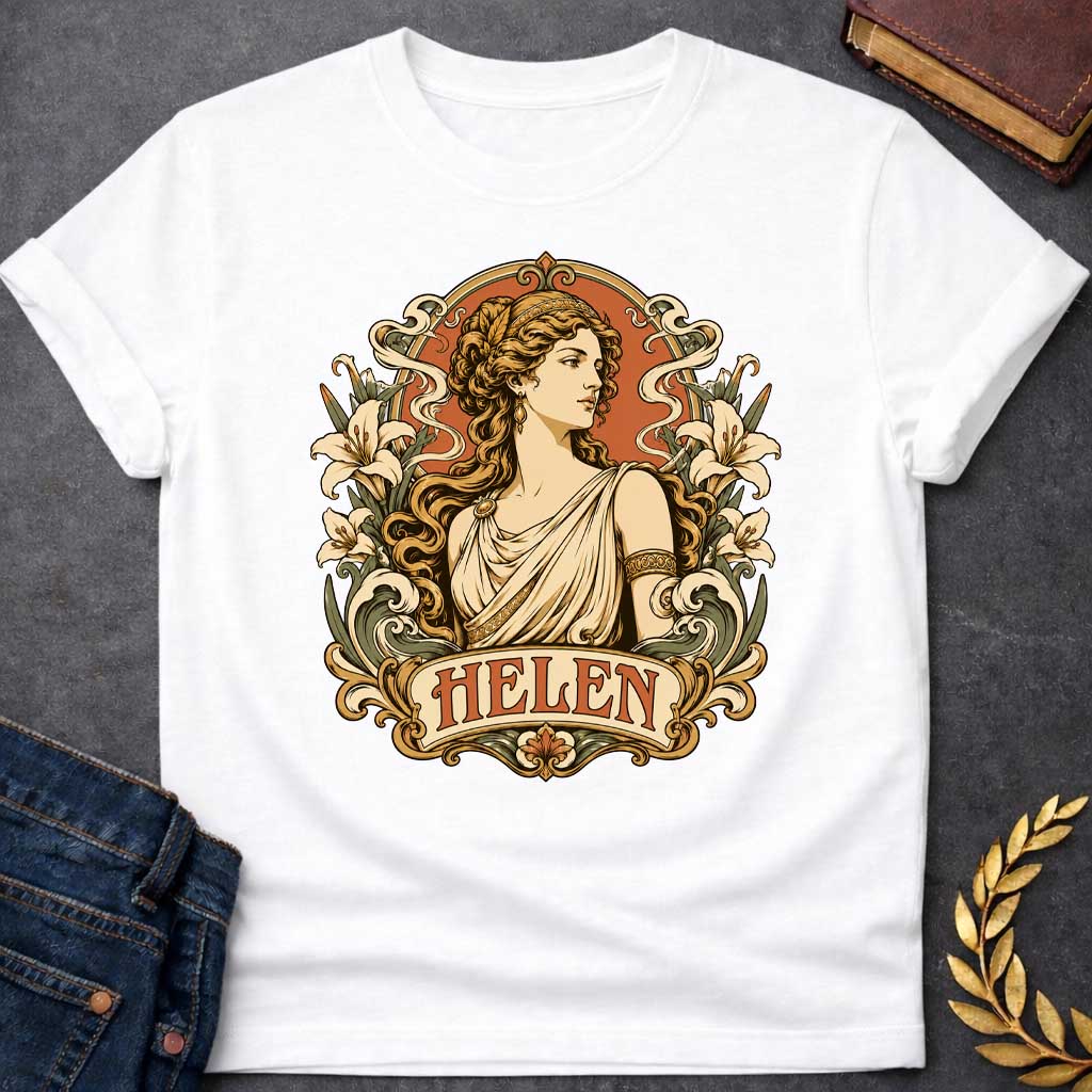 White T-shirt with an Art Nouveau style t-shirt graphic featuring a profile portrait of Helen of Troy. She has flowing wavy hair, a gold headband, and an elegant cream-colored Greek chiton. The design is framed by an ornate, vintage border decorated with blooming white lilies and flowing ribbons. At the bottom, an elegant banner displays the name "HELEN" in an antique font, featuring a warm terracotta and muted green color palette