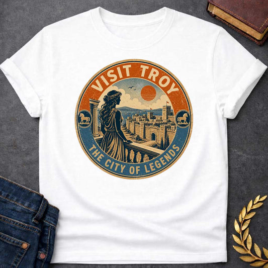 White T-shirt with a vintage, distressed travel-badge style design. A woman in a Greek dress stands on a balcony, looking out at the walled city of Troy, the sea, and a setting orange sun. The circular logo has a textured cream, orange, and blue color palette. The top border reads "VISIT TROY" and the bottom reads "THE CITY OF LEGENDS." Small circular icons featuring the Trojan Horse accent both sides of the frame.