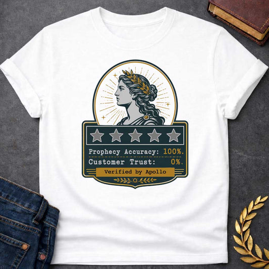 White T-shirt with a satirical Greek mythology badge referencing Cassandra. The top features a vector profile of a woman wearing a gold laurel wreath with a radiant sunburst behind her. Below, a dark plaque displays five empty review stars. The text reads: "Prophecy Accuracy: 100%." and "Customer Trust: 0%." in a typewriter font. A gold banner at the bottom is stamped with "Verified by Apollo."