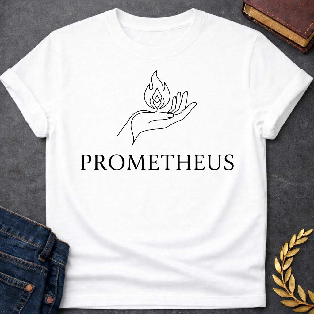 White T-shirt with a Minimalist black line art illustration of an open hand holding a stylized flame above the palm. The continuous line drawing shows graceful fingers and a geometric fire symbol representing the gift of fire. Below, elegant serif text reads 'PROMETHEUS' in black. Clean, modern design references the Greek Titan who stole fire from the gods to give to humanity. Simple, symbolic imagery celebrating knowledge, innovation, and defiance of authority.