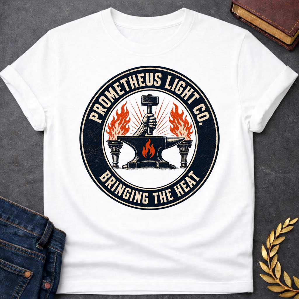 White T-shirt with a vintage, distressed trade-logo style t-shirt design. The central graphic features a hand holding a blacksmith's hammer above a black anvil marked with an orange flame, flanked by two burning torches. A thick, dark circular frame encloses the scene, with cream-colored block text reading "PROMETHEUS LIGHT CO." arched along the top and the tagline "BRINGING THE HEAT" arched along the bottom