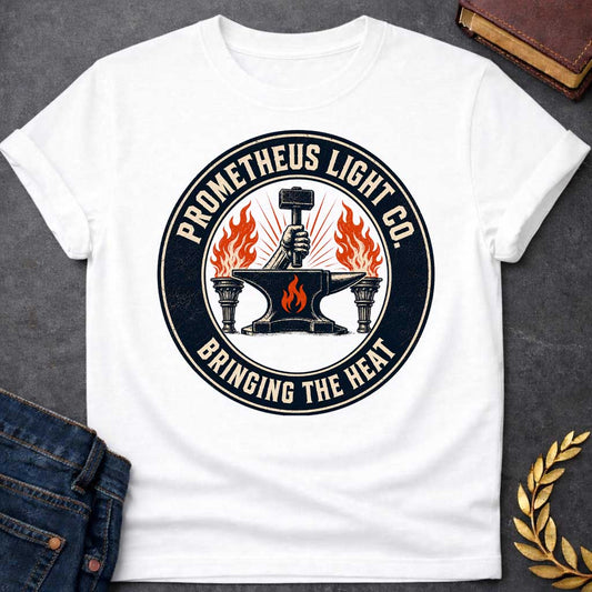 White T-shirt with a vintage, distressed trade-logo style t-shirt design. The central graphic features a hand holding a blacksmith's hammer above a black anvil marked with an orange flame, flanked by two burning torches. A thick, dark circular frame encloses the scene, with cream-colored block text reading "PROMETHEUS LIGHT CO." arched along the top and the tagline "BRINGING THE HEAT" arched along the bottom
