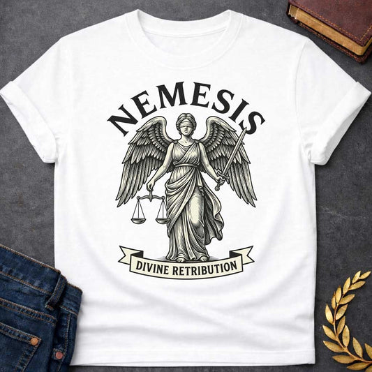 White T-shirt with a Classical engraving-style illustration of Nemesis, the Greek goddess of divine retribution, depicted as a winged female figure in flowing robes. She holds balanced scales of justice in one hand and a sword in the other, symbolizing fair judgment and punishment. Her eyes are blindfolded. Bold text 'NEMESIS' curves above her head, with 'DIVINE RETRIBUTION' on a banner below. Black and cream line art style. References the goddess who ensures justice and punishes hubris.