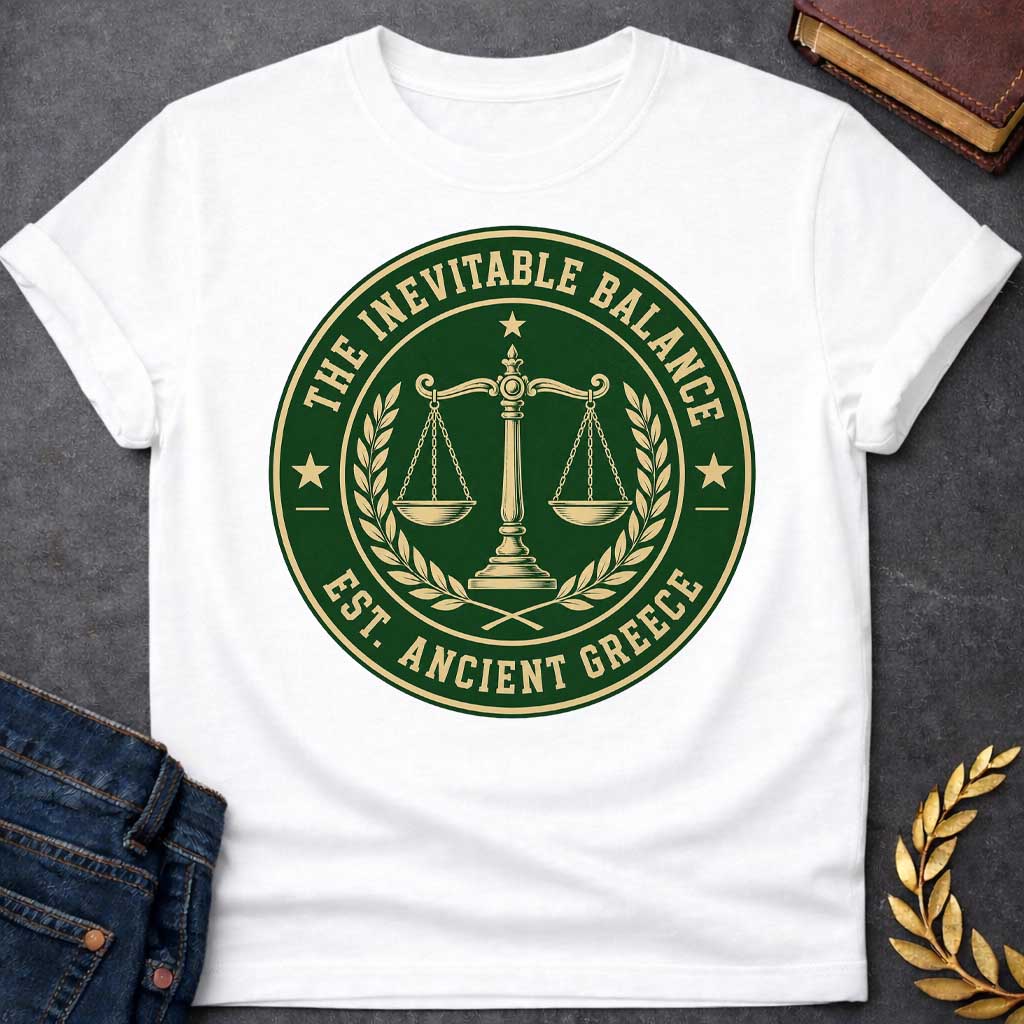 White T-shirt with a Circular seal design in forest green and cream featuring balanced scales of justice at center, with a torch flame above. Olive wreaths frame the scales on either side. Stars appear at cardinal points. Text reads 'THE INEVITABLE BALANCE' around top arc and 'EST. ANCIENT GREECE' along the bottom. Classic emblem style referencing Nemesis, the Greek goddess of divine retribution and cosmic balance. Formal, authoritative design celebrating justice and equilibrium.