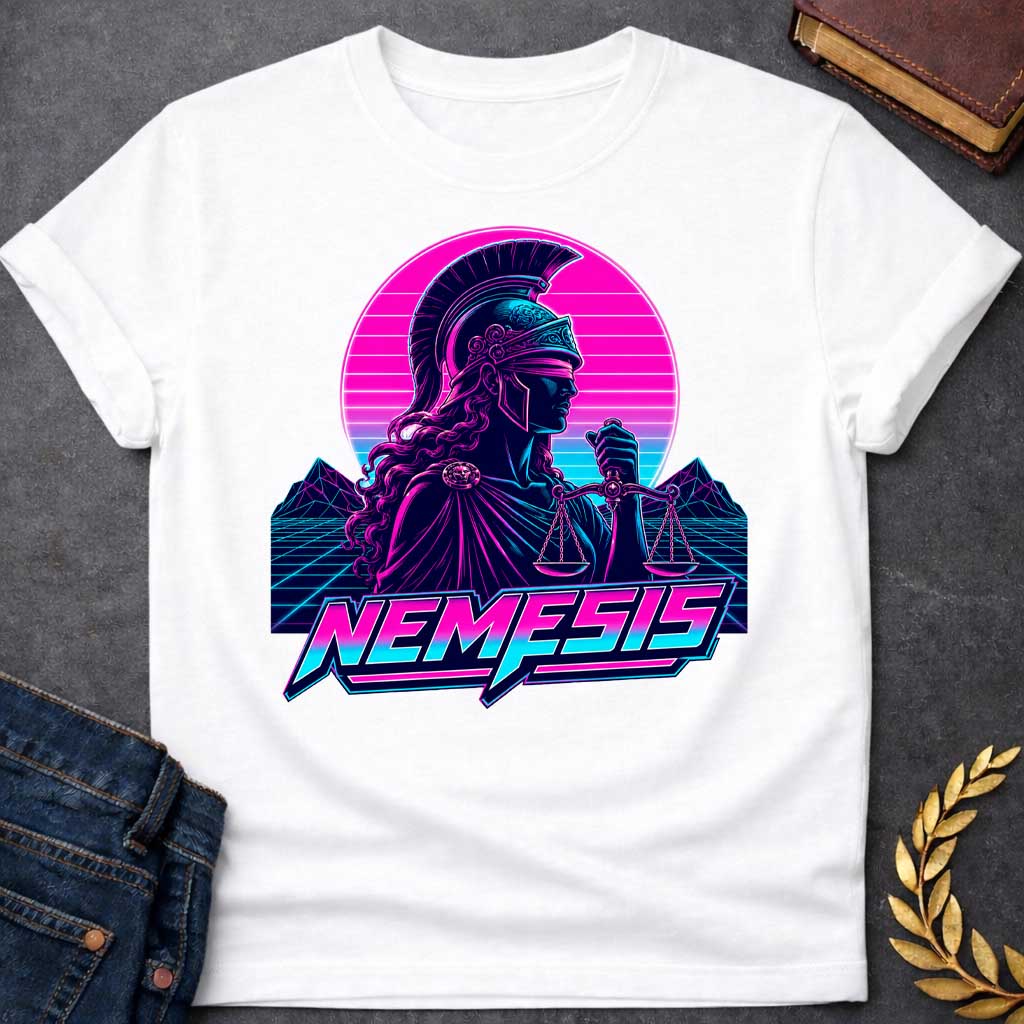 White T-shirt with a vaporwave-style retro illustration of Nemesis, the Greek goddess of divine retribution, rendered in neon magenta, cyan, and purple. She wears a crested Corinthian helmet and flowing robes, holding scales of justice. Behind her, a geometric sun with horizontal gradient stripes in pink and blue. Stylized mountains and grid landscape below. Bold neon text reads 'NEMESIS' in futuristic lettering. 1980s synthwave aesthetic celebrating the goddess of  balance and justice.