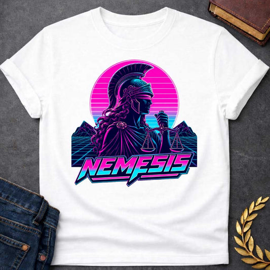 White T-shirt with a vaporwave-style retro illustration of Nemesis, the Greek goddess of divine retribution, rendered in neon magenta, cyan, and purple. She wears a crested Corinthian helmet and flowing robes, holding scales of justice. Behind her, a geometric sun with horizontal gradient stripes in pink and blue. Stylized mountains and grid landscape below. Bold neon text reads 'NEMESIS' in futuristic lettering. 1980s synthwave aesthetic celebrating the goddess of  balance and justice.