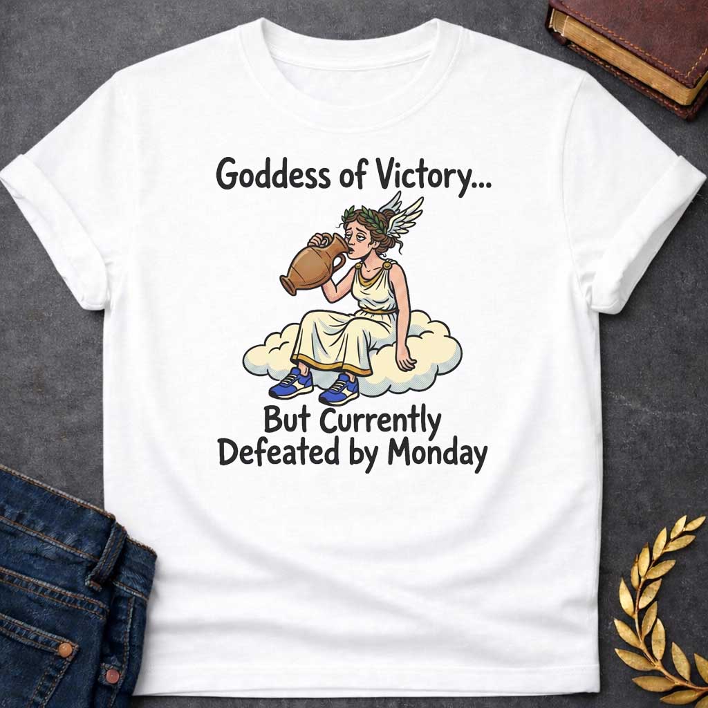 White T-shirt with a humorous cartoon of Nike, the Greek goddess of victory, sitting exhausted on a cloud. She wears a cream chiton with gold trim and laurel wreath, holding a large victory amphora. Modern blue sneakers provide comedic contrast. Text reads 'Goddess of Victory...' above and 'But Currently Defeated by Monday' below. Blends classical Greek mythology with relatable modern humor about Monday exhaustion and weekly workplace struggles.