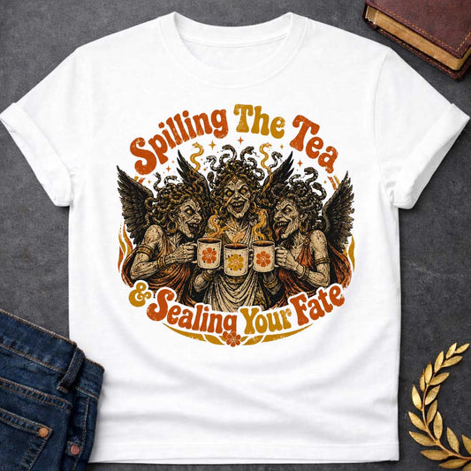 White T-shirt with a Humorous illustration blending modern gossip culture with Greek mythology. Three Furies with serpent hair and black wings wear classical robes, each holding a decorative tea cup with floral designs. Their expressions are menacing yet mischievous. Text reads 'Spilling The Tea & Sealing Your Fate.' Black, cream, orange, and gold color scheme with decorative flourishes. Playfully references both tea-spilling gossip and divine vengeance and fate.