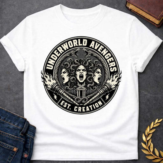 White T-shirt with an Official emblem design for the 'Underworld Avengers,' a parody combining Greek mythology with Marvel. Three Fury faces with detailed serpent hair display aggressive expressions. A Greek temple sits below, framed by crossed ornate daggers. Flames and lightning bolts accent the circular seal in vintage badge style. Text reads 'Underworld Avengers: Est. Creation.' Black and cream colors celebrate a team of divine vengeance and supernatural justice.