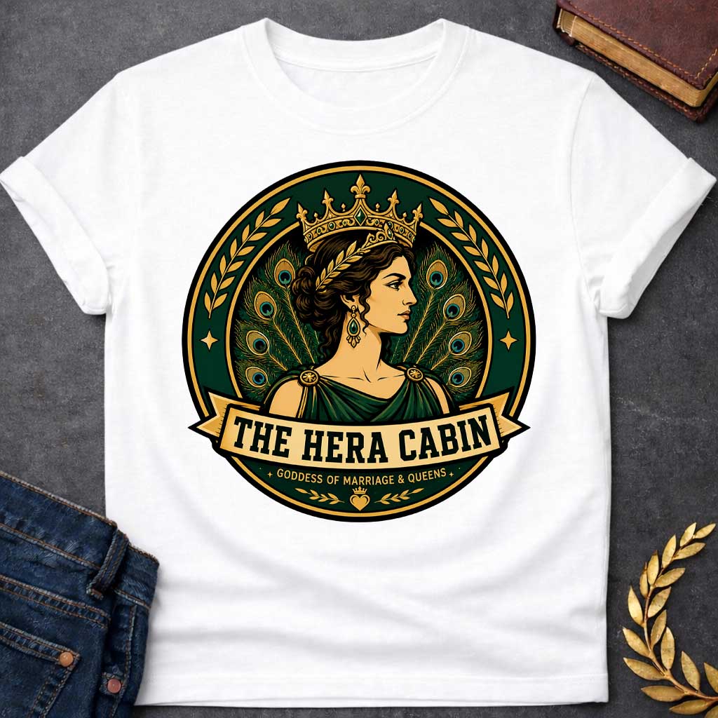 White t-shirt with a Hera Greek mythology cabin design featuring the queen of the gods wearing an ornate golden crown and laurel accents, surrounded by elegant peacock feathers and decorative branches. Rich emerald green, gold, and black circular camp-style emblem includes the text “The Hera Cabin” and “Goddess of Marriage & Queens”