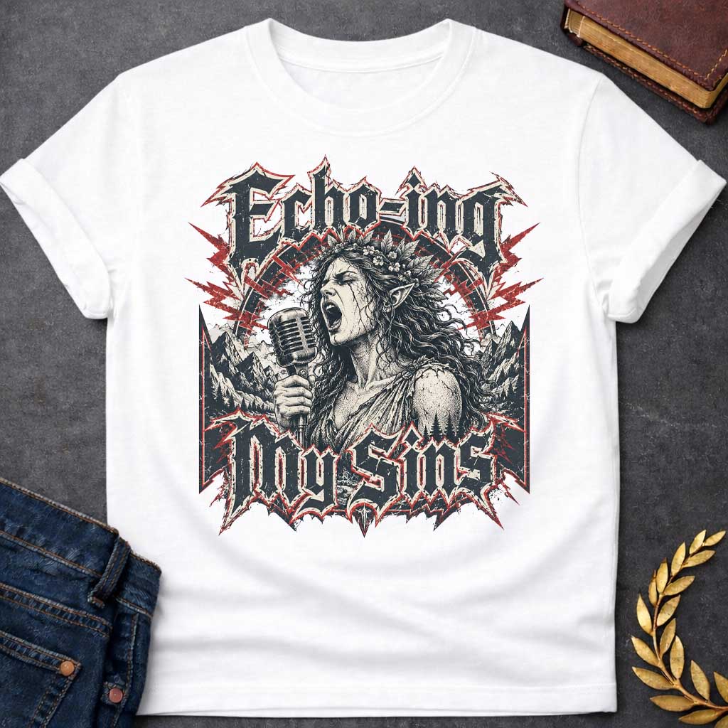 White T-shirt with a Heavy metal band aesthetic featuring Echo from Greek mythology as a powerful vocalist. A woman with long wavy hair and leaf crown holds a vintage microphone, singing passionately. Black and white engraving style with red lightning accents. Dark mountainous landscape frames the scene. Text reads 'ECHO-ING MY SINS' in aggressive metal lettering with spiky ornamental borders. Clever wordplay combines the mythological nymph with modern rock rebellion and vocal empowerment.