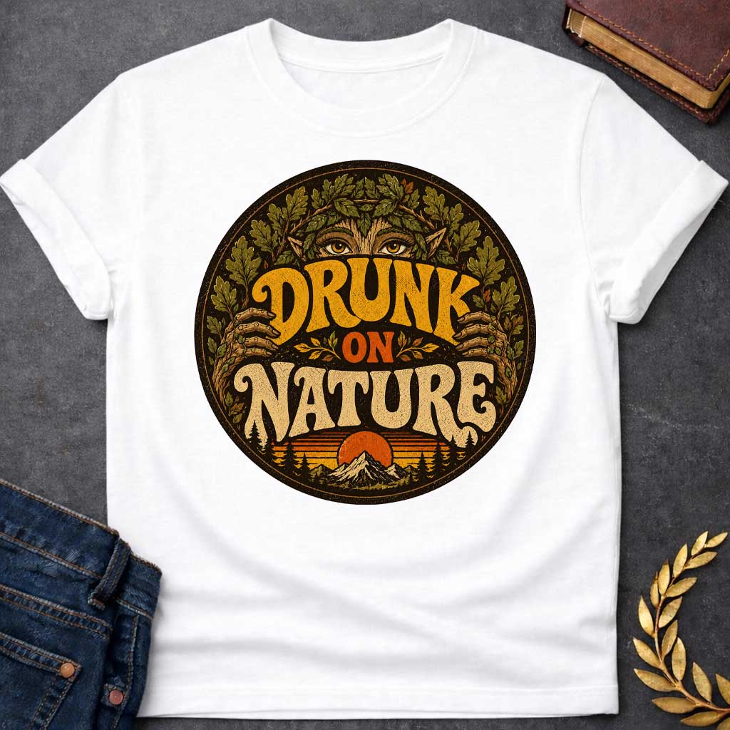 White T-shirt with a vintage, retro-style t-shirt graphic enclosed in a circular badge. At the top, the intense gold eyes of a forest nymph or dryad peek out from behind a thick crown of oak leaves. Earthy, stylized 1970s block text proudly reads "DRUNK ON NATURE" in gold and cream. The bottom of the design showcases a serene mountain landscape and a setting sun, framed by rustic pine trees and a distressed texture