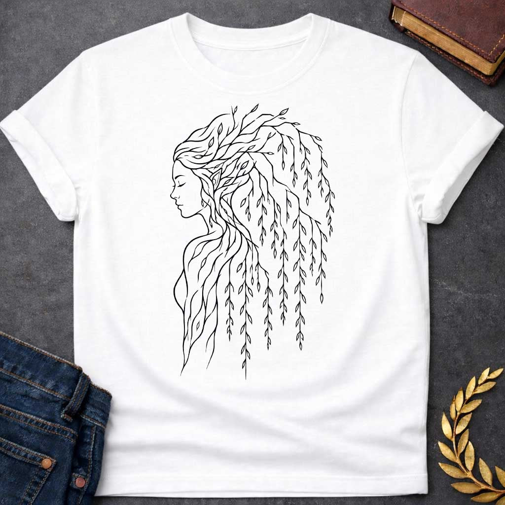White T-shirt with a Minimalist line art portrait of a dryad, a tree nymph from Greek mythology. A woman's profile in delicate black lines has hair composed entirely of weeping willow branches and drooping leaves cascading down her back. Individual leaves are intricately detailed, flowing gracefully like water. Simple contour drawing style emphasizes the spiritual connection between human and nature. Celebrates the mythological guardians of forests and their ethereal beauty
