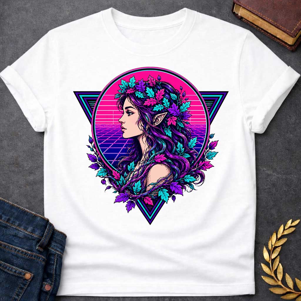 White T-shirt with a vibrant 1980s synthwave-style graphic. A stylized dryad silhouette emerges from a geometric wireframe tree, set against a glowing neon pink and cyan sun. The background features a classic retrowave perspective grid and retro palm tree outlines. The vivid color palette combines neon pinks, purples, and electric blues for a retro-futuristic, nostalgic, and high-contrast summer aesthetic.