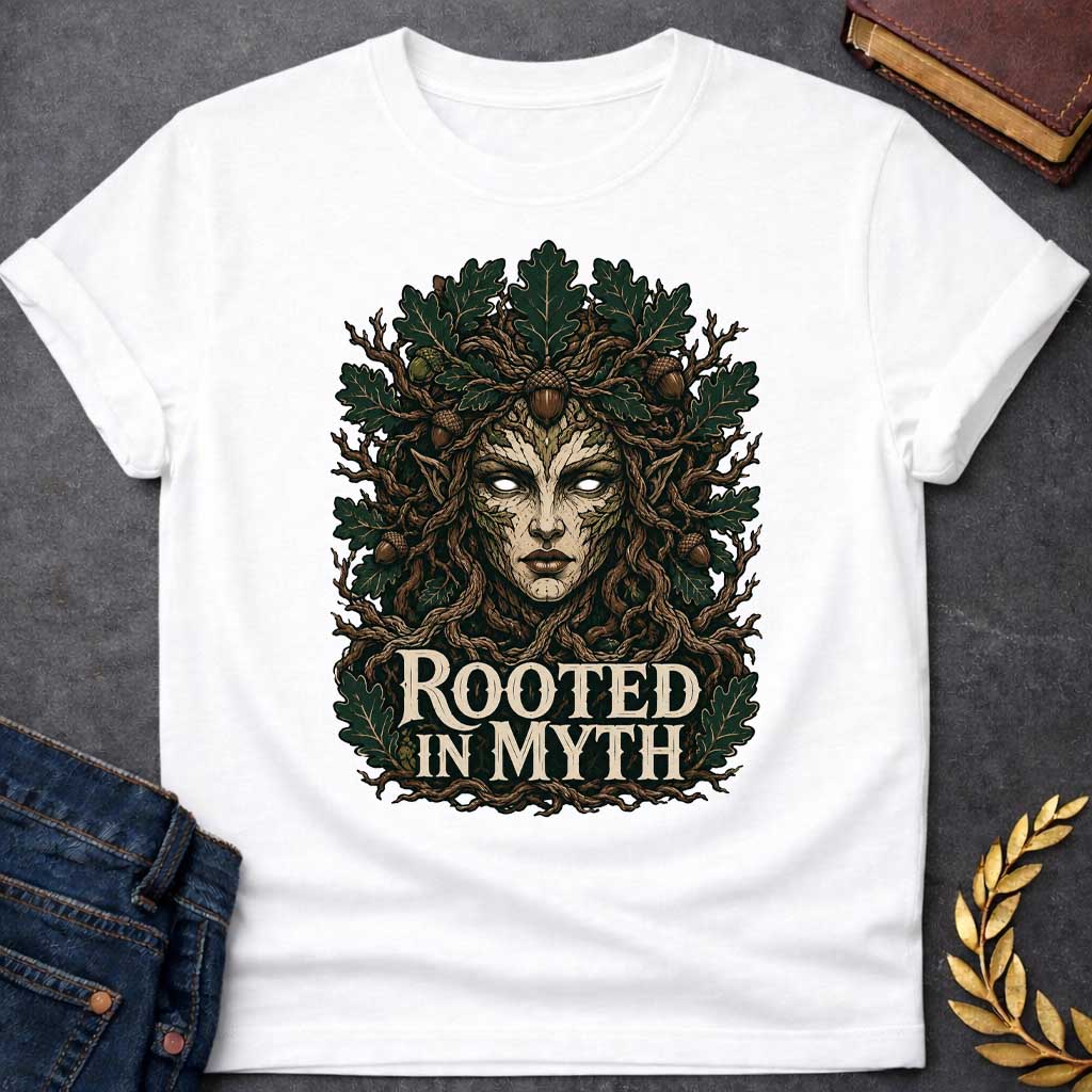 White T-shirt with a detailed cottagecore-style graphic featuring a powerful oak tree dryad or nature spirit. Her intense face, with glowing white eyes, is framed by gnarled, twisting branches and a thick canopy of dark green oak leaves and brown acorns. Interwoven with the roots at the bottom, the bold, stylized cream text reads "ROOTED IN MYTH," creating a striking, mythical, and nature-inspired apparel design