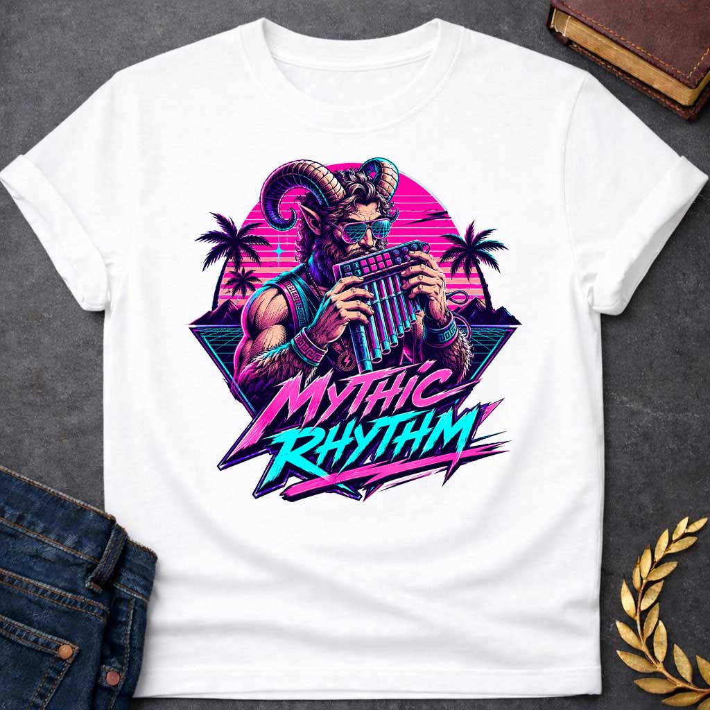 White T-shirt with a Vaporwave-style illustration of a satyr in neon magenta and cyan, holding a pan flute and modern music production keyboard. The bearded figure wears sunglasses with gradient frames and ornamental bracelets with Greek key patterns. Framed by tropical palm trees and geometric mountains with scan line effects. Text reads 'MYTHIC RHYTHM' in bold magenta and cyan lettering with zigzag effects. Blends classical Greek mythology with modern electronic music culture and retro digital aesthetics.