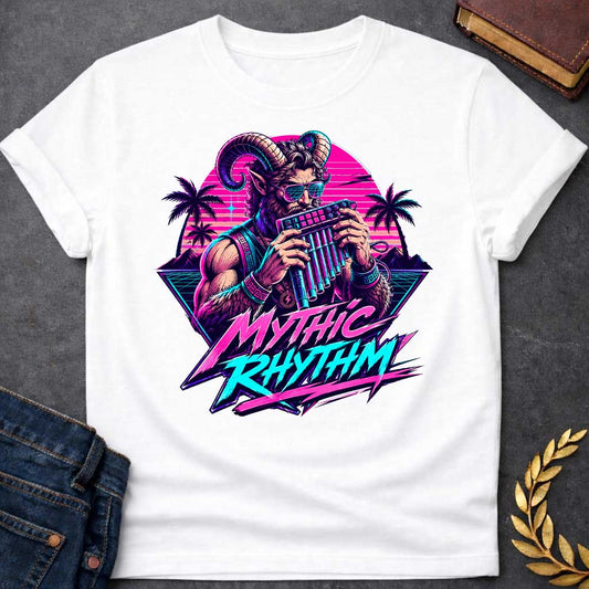 White T-shirt with a Vaporwave-style illustration of a satyr in neon magenta and cyan, holding a pan flute and modern music production keyboard. The bearded figure wears sunglasses with gradient frames and ornamental bracelets with Greek key patterns. Framed by tropical palm trees and geometric mountains with scan line effects. Text reads 'MYTHIC RHYTHM' in bold magenta and cyan lettering with zigzag effects. Blends classical Greek mythology with modern electronic music culture and retro digital aesthetics.
