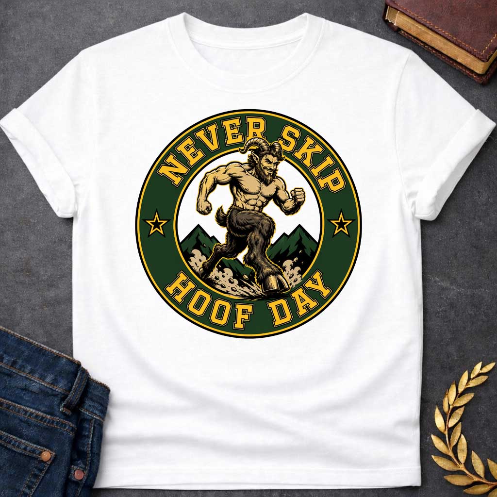 White T-shirt with a Gym badge-style emblem featuring a muscular satyr celebrating 'Never Skip Hoof Day.' A bearded, horned figure with extremely defined musculature stands on goat legs in a dynamic running pose. Dark green mountains frame the background. Text reads 'Never Skip Hoof Day' in gold lettering around a forest green circle with gold borders and star accents. Humorous wordplay blends Greek mythology satyr imagery with modern fitness culture and leg day humor.