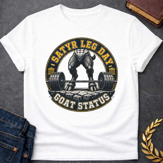 White T-shirt with a Humorous fitness badge depicting a satyr's leg day workout. Viewed from the waist down, a heavily muscled satyr with dark hairy goat legs stands in a deadlifting stance, holding a loaded barbell with massive weight plates on a rough stone platform. Gold and black circular emblem features text reading 'Satyr Leg Day' and 'Goat Status' with Greek temple columns on sides. Distressed vintage aesthetic celebrates satyr strength and workout dedication.