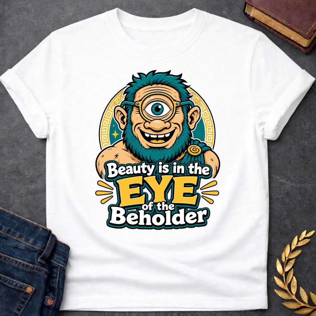 White T-shirt with a Humorous graphic design featuring a cheerful creature with exaggerated facial features inspired by Argus Panoptes, the many-eyed giant from Greek mythology. A large teal eye with a golden monocle dominates the character's smiling face. Teal spiky hair and beard contrast with peachy skin tones. Greek key pattern borders frame the design in gold and teal. Text reads 'Beauty is in the Eye of the Beholder' in bold white and yellow lettering. Playful visual pun celebrating perspective.