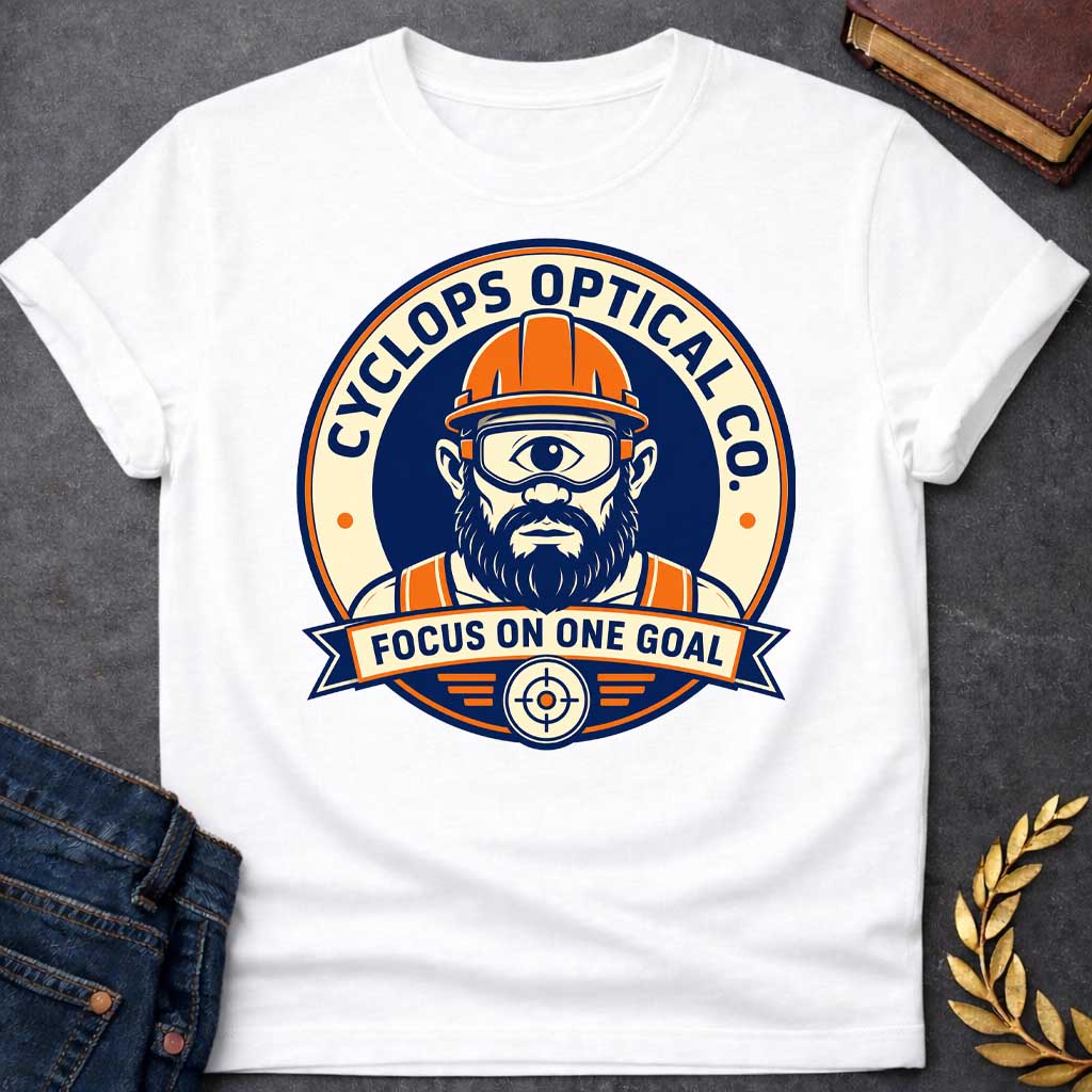 White T-shirt with a Professional emblem of Cyclops Optical Co. featuring a bearded cyclops construction worker wearing an orange hard hat and safety goggles. The single large eye peers forward with focused intensity. The character wears an orange and navy safety vest. Text reads 'Cyclops Optical Co.' around the rim and 'Focus on One Goal' on a banner below. A crosshair with wings anchors the bottom. Navy, orange, and cream color scheme. Clever pun blending mythology with workplace safety culture.