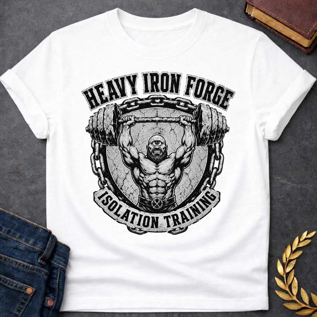 White T-shirt with a Black and white engraving fitness emblem of a muscular cyclops lifting a massive barbell overhead. The bearded figure displays exceptional musculature. Heavy iron chains frame the circular seal with cracked stone. Text reads 'Heavy Iron Forge' and 'Isolation Training.' A crossed hammer symbol adorns the chest. Combines Greek mythology with bodybuilding culture and strength training dedication.
