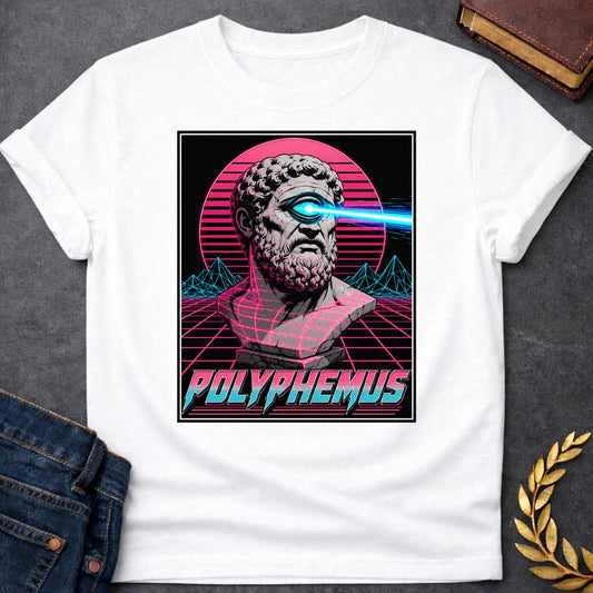 White T-shirt with a Vaporwave-style illustration of Polyphemus, the Cyclops from Greek mythology. A classical bust with curly beard displays a single large eye shooting a bright cyan laser beam. Magenta and cyan neon color palette with horizontal scan lines. Geometric wireframe mountains and grid floor pattern create a retro digital landscape. Pink sun rises behind the figure. Text reads 'POLYPHEMUS' in stylized magenta and cyan lettering. Blends classical mythology with synthwave aesthetic.