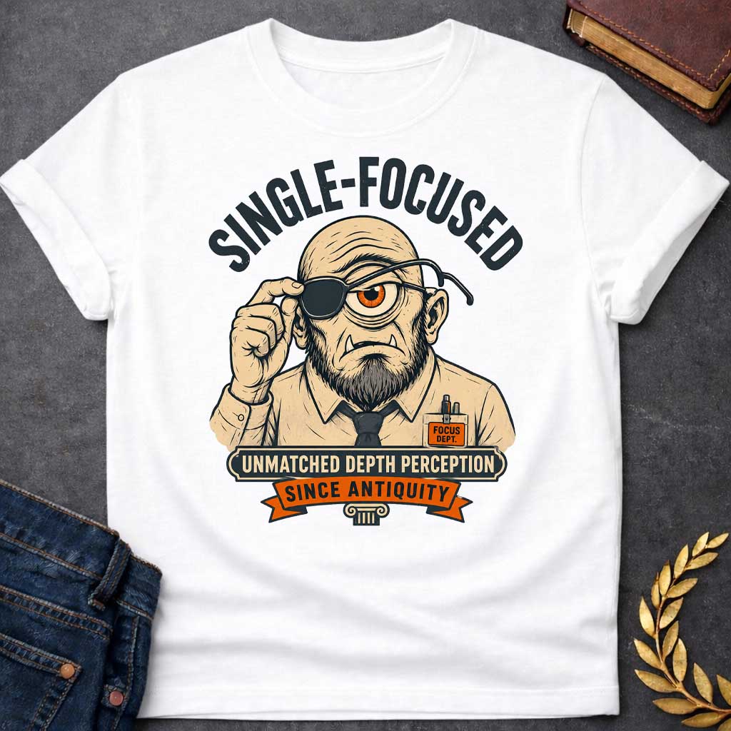 White T-shirt with a Humorous professional portrait of a bearded cyclops wearing an eye patch over his single orange eye. He sports a tan suit jacket, dark tie, and "Focus Dept." badge. Text reads "Single-Focused" above and "Unmatched Depth Perception Since Antiquity" below. A classical column anchors the design. Cleverly blends Greek mythology with modern workplace culture, celebrating singular focus, professional dedication, and the mythological advantage of single-eyed perception.