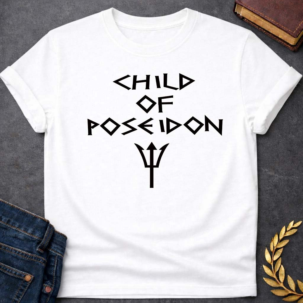 child of poseidon greek mythology unisex softstyle adult t shirt featuring trident, ocean waves, sea god symbolism in Greek mythology design