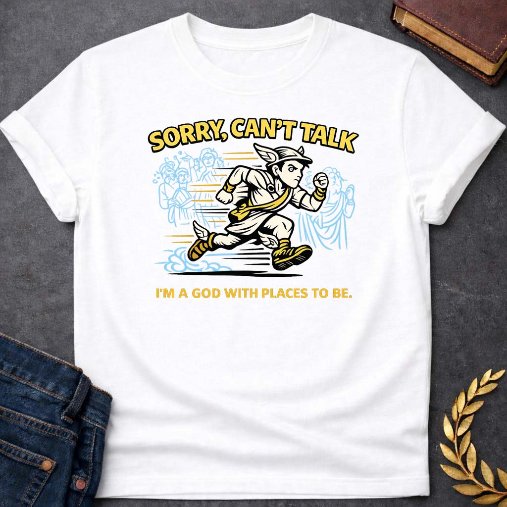 hermes sorry cant talk greek mythology youth t shirt featuring detailed Greek mythology artwork, symbolic design, and bold graphic style