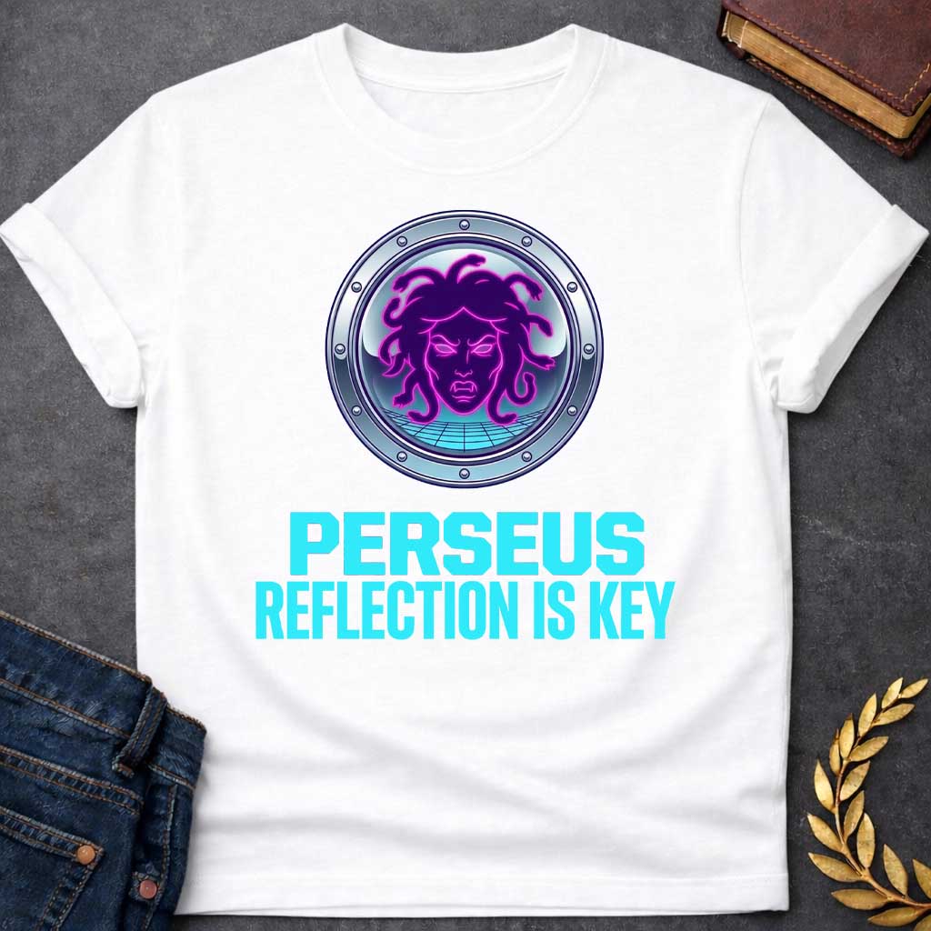 White t-shirt in synthwave style: a glowing neon-pink and purple Medusa face with snake hair sits inside a chrome porthole frame with rivets, backed by a retro grid floor and gradient sky. Bold cyan text below reads "Perseus" and "Reflection Is Key"