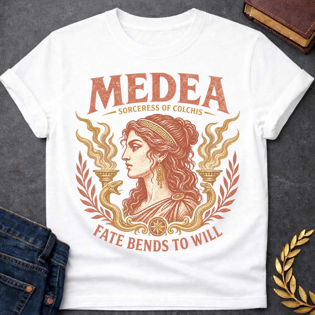 White t-shirt with a Vintage Medea Greek mythology design featuring the Sorceress of Colchis in an elegant classical portrait, framed by mystical flames, serpents, and laurel branches. Distressed terracotta and gold artwork includes bold text reading “Medea,” “Sorceress of Colchis,” and “Fate Bends to Will,” creating a dramatic ancient Greek aesthetic.