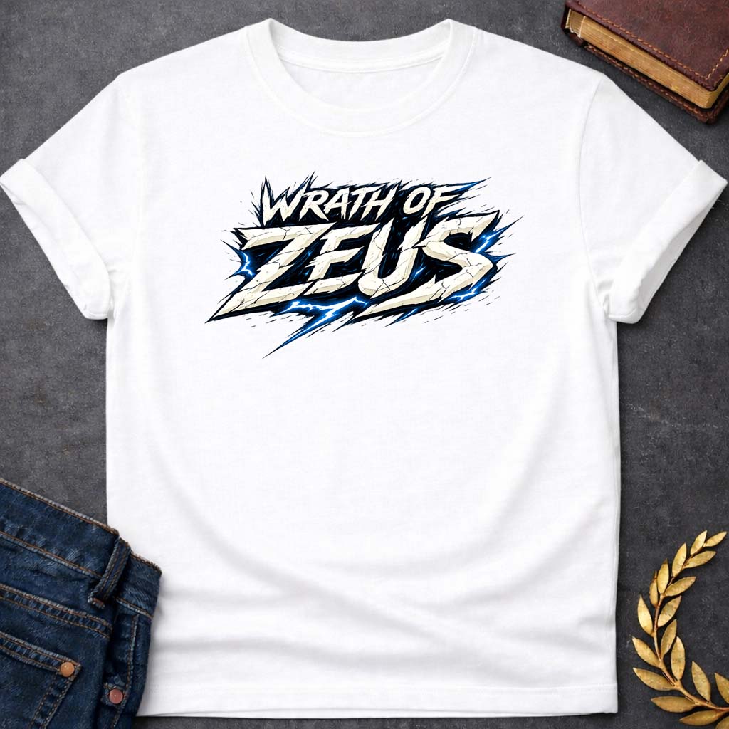 zeus wrath of zeus greek mythology youth t shirt featuring lightning bolt, sky god power symbolism in bold Greek mythology design